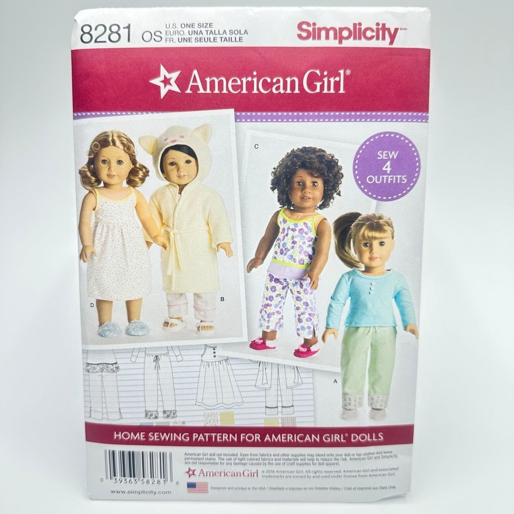Simplicity Sewing Pattern 8281 American Girl Doll Clothes Uncut Factory Folded